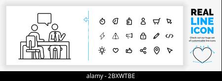 Icône en ligne réelle modifiable représentant deux personnes en forme de bâton, assis à un bureau Illustration de Vecteur
