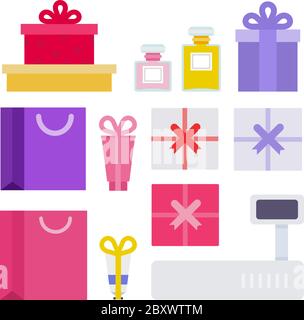 Coffret cadeau emballage vectoriel plat icônes avec boîtes, paquets de vacances, parfum, outils cosmétiques. Isolé sur blanc Illustration de Vecteur