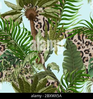 Peau de léopard sans couture avec feuilles tropicales. Vecteur. Illustration de Vecteur