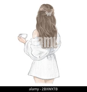 Journée Spa pour filles. Jeune femme en peignoir blanc avec une tasse de thé, illustration dessinée à la main Illustration de Vecteur