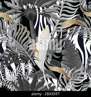 Motif peau de zébra sans couture avec feuilles tropicales. Vecteur. Illustration de Vecteur