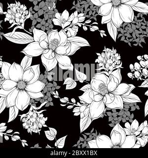 Motif sans couture avec fleurs graphiques monochromes pour un motif textile. Vecteur. Illustration de Vecteur