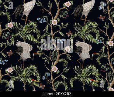 Motif sans couture avec des bagues pivoines et des grues dans le style chinoiserie. Vecteur. Illustration de Vecteur