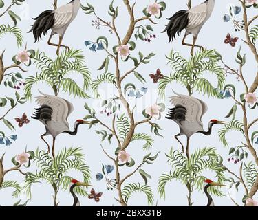 Motif sans couture avec des bagues pivoines et des grues dans le style chinoiserie. Vecteur. Illustration de Vecteur