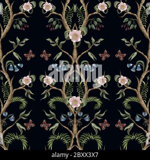 Motif sans couture avec fleurs et arbustes pivoteux dans un style chinoiserie. Vecteur. Illustration de Vecteur