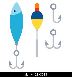 Ensemble d'articles de pêche, boules, bauders, crochets vecteur icône plate isolé Illustration de Vecteur