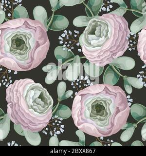 Motif sans couture avec ranunculus délicat, eucalyptus et fleurs sauvages . Vecteur. Illustration de Vecteur