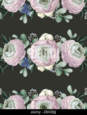 Motif sans couture avec ranunculus délicat, eucalyptus et fleurs sauvages . Vecteur. Illustration de Vecteur