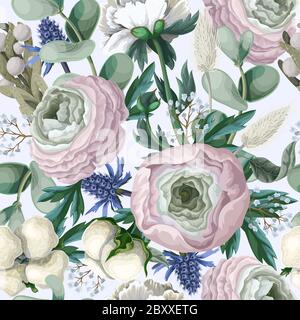 Motif sans couture avec ranunculus délicat, eucalyptus et fleurs sauvages . Vecteur. Illustration de Vecteur