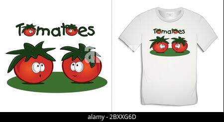 Imprimé pour un motif graphique de t-shirt avec des personnages de dessin animé de tomates, sur fond noir et blanc isolé Illustration de Vecteur