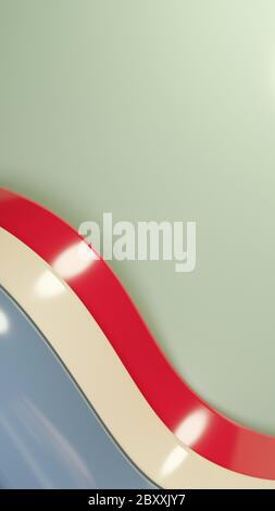 Courbes bleues, blanches et rouges brillantes sur fond beige. Conception 3D abstraite. Banque D'Images