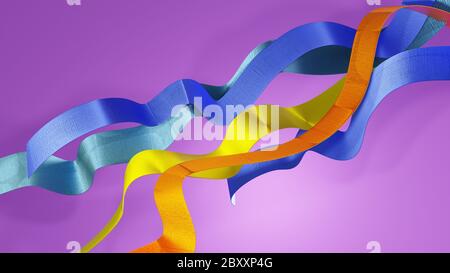 Design féminin, jeune et dynamique. Rubans bleus, jaunes et orange sur fond violet. Conception 3D abstraite. Banque D'Images