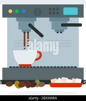 La machine à café permet de préparer des grains de café et des cubes de sucre à l'isolation de vecteur plat Illustration de Vecteur