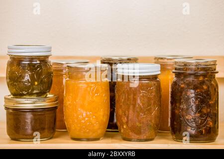 Les conserves maison sur une étagère à manger, de gauche à droite: Gelée de poivre sur le dessus du beurre de poire, confiture de pêche, salsa et rhubarbe conservent dans la rangée avant. Retour Banque D'Images