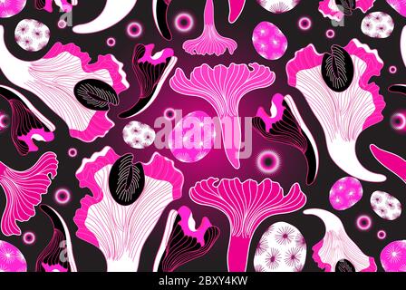 Motif de champignons roses original et lumineux sur fond sombre. Modèle pour papier peint ou tissu. Illustration de Vecteur
