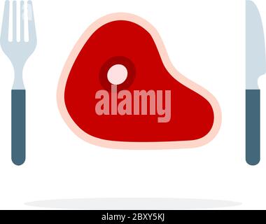 Viande crue sur l'os avec une fourchette et un couteau vecteur plat isolé Illustration de Vecteur