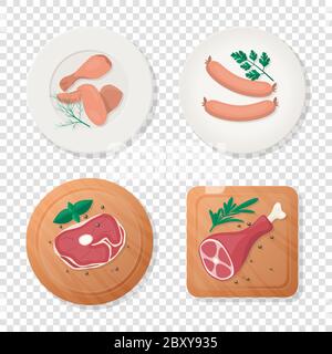 Morceaux de viande crue, ailes de poulet, bâton de tambour, saucisse, filet de filet de filet, jambon, verts sur plaque, jeu d'icônes de planche à découper isolé, dessin animé Illustration de Vecteur