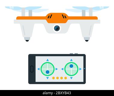 Smartphone avec application de contrôle à l'écran et drone avec icône de vecteur d'appareil photo isolée à plat. Illustration de Vecteur