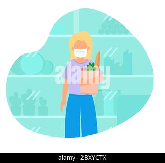 Illustration avec une femme dans le masque shopping, acheter de la nourriture Illustration de Vecteur