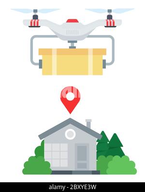 Le quadcopter livre les marchandises à domicile à partir de l'illustration vectorielle de la boutique en ligne dans un modèle plat. Illustration de Vecteur