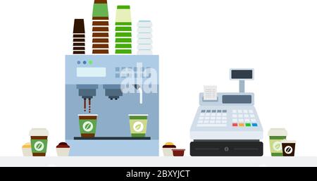 Machine à café avec tasses et caisse isolée Illustration de Vecteur