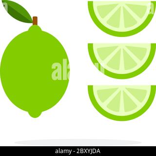 Rondelles de chaux et de chaux entières isolées à plat Illustration de Vecteur
