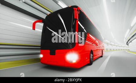 bus touristique rouge dans un tunnel. rapide en voiture. concept de tourisme. rendu 3d. Banque D'Images