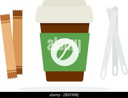Tasse à café en plastique avec couvercle et bâtonnets de sucre ou cuillères en plastique Illustration de Vecteur