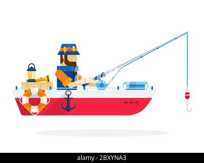 Pêcheur dans un bateau vecteur de pêche icône plat isolé. Illustration de Vecteur