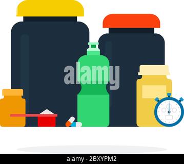 Boîtes noires pour protéines, bouteille de sport pour eau, un chronomètre et vitamines de forme physique isolées à plat Illustration de Vecteur