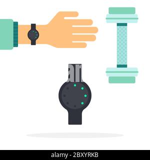 Bracelet de fitness en forme d'horloge ronde et un dumbbbbell Fitness Trackers vecteur icône plate isolée. Illustration de Vecteur