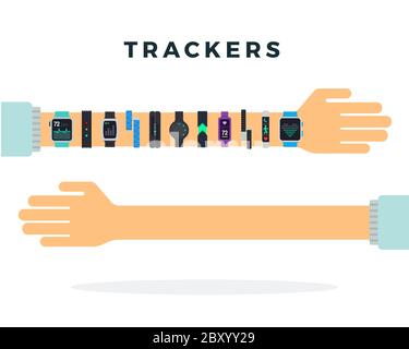 Deux mains humaines, avec de nombreux trackers et vide vecteur icône plate isolée. Illustration de Vecteur