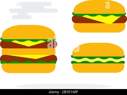 Hamburgers chauds avec fromage et salade plat isolé Illustration de Vecteur