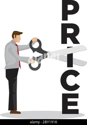 Homme d'affaires avec un ciseau géant coupant un Price block. Concept de réduction des coûts ou de gestion budgétaire. Illustration vectorielle plate. Illustration de Vecteur