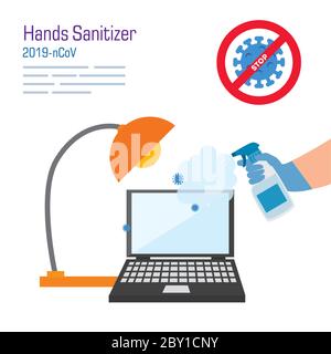 ordinateur portable de nettoyage des mains avec conception vecteur de virus covid 19 Illustration de Vecteur