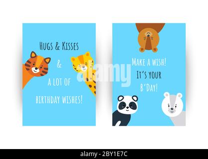 Cartes d'anniversaire avec animaux mignons. Cartes d'anniversaire avec personnages animaux souriants. Illustration vectorielle de style plat Illustration de Vecteur