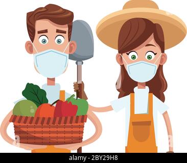 les agriculteurs couple portant des masques médicaux avec des légumes et des personnages de pelle vecteur illustration design Illustration de Vecteur