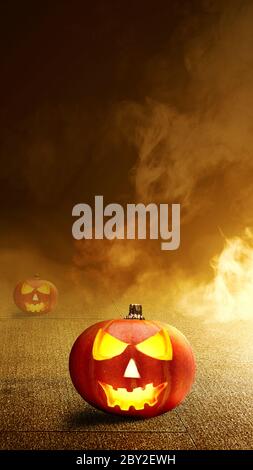 Jack-o-Lantern sur un sol en béton avec le bruit de fond spectaculaire de fumée. Modèle d'histoires pour Halloween Banque D'Images