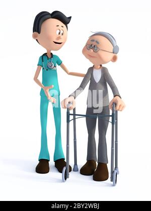 Rendu 3D d'un jeune sympathique sympathique et souriant médecin de dessin animé portant un stéthoscope aidant un homme âgé avec un marcheur. Fond blanc. Banque D'Images