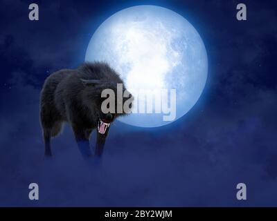 Rendu 3D d'un loup ou d'un loup-garou agressif grognant noir avec des yeux rouges lumineux devant une grande lune. Étoiles dans le ciel nocturne, brouillard sur le sol. Banque D'Images