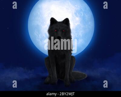 Rendu 3D d'un loup ou d'un loup-garou noir avec des yeux rouges lumineux assis devant une grande lune. Étoiles dans le ciel nocturne, brouillard sur le sol. Banque D'Images