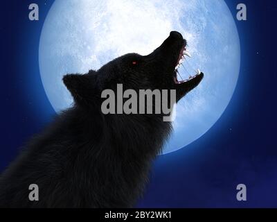 Rendu 3D d'un loup ou d'un loup-garou noir avec des yeux rouges lumineux hurlant sur la grande lune. Étoiles dans le ciel nocturne. Banque D'Images