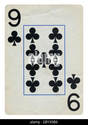 Neuf Clubs de Vintage playing card - isolated on white (chemin inclus) Banque D'Images