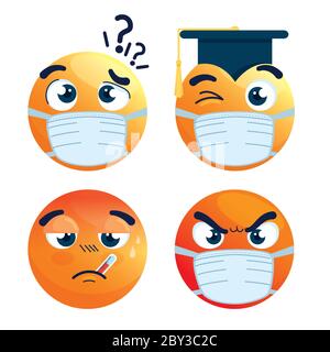 ensemble d'émotiji portant un masque médical, des visages jaunes avec un masque chirurgical blanc, des icônes pour l'épidémie de coronavirus covid 19 Illustration de Vecteur