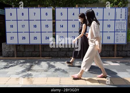 Des piétons portant des masques de visage marchent devant un panneau d'affichage érigé spécialement pour les affiches des candidats pour l'élection du gouverneur de Tokyo le 5 juillet, le 9 juin 2020, Tokyo, Japon. La période de campagne commence officiellement le 18 juin. Credit: Rodrigo Reyes Marin/AFLO/Alay Live News Banque D'Images