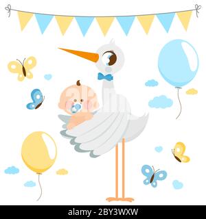 Une cigogne livrant un garçon nouveau-né mignon. Décorations de fête de douche de bébé, ballons et guirlande. Annonce bébé. Banque D'Images