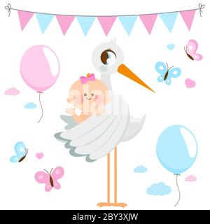 Décorations de fête de bébé fille et de bébé douche, papillons, ballons et guirlande. Annonce bébé. Une cigogne livrant une jolie petite fille nouveau-née. Banque D'Images