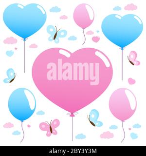 Ballons roses et bleus en forme de coeur et papillons volant dans le ciel. Annonce de bébé, douche de bébé et décorations de fête d'anniversaire. Banque D'Images
