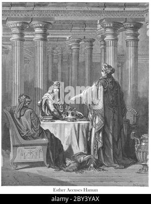 Esther accusant Haman Esther 7:5-6 du livre 'Bible Gallery' illustré par Gustave Dore avec mémoire de Dore et lettre-presse descriptive par Talbot W. Chambers D.D. Publié par Cassell & Company Limited à Londres et simultanément par Mame à Tours, France en 1866 Banque D'Images