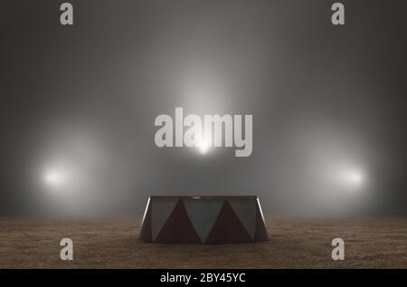 Un podium vide de cirque ringmasters rétroéclairé par des spots spectaculaires sur fond sombre et sombre - rendu 3D Banque D'Images